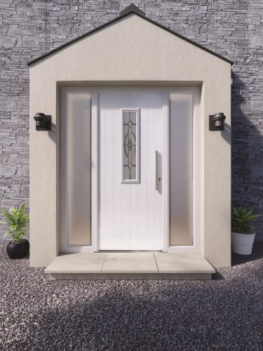 White front door with side panels and center window.